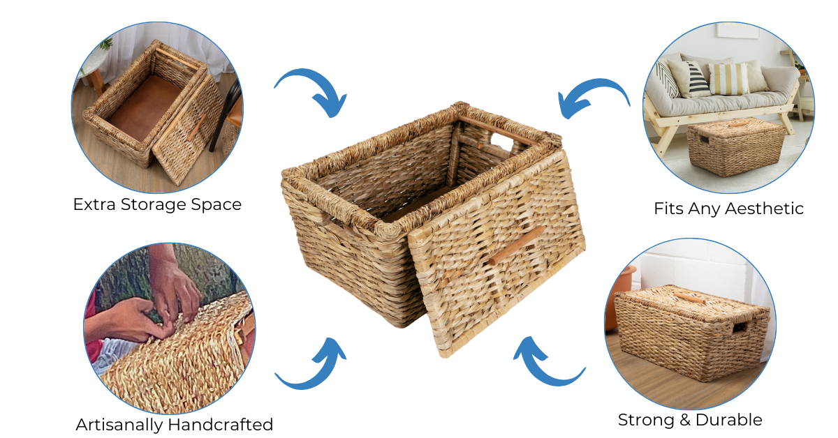 Wicker Toy Storage Chest Rattan Large Rectangular Basket with Lid